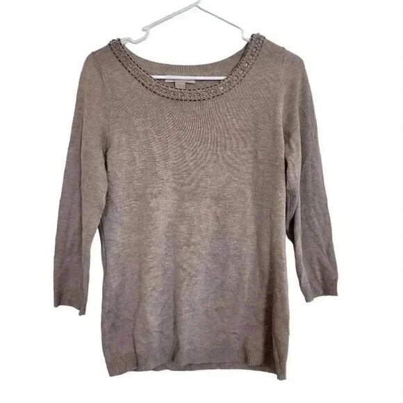 Banana Republic Women's Oatmeal Heather Poly/Wool Beaded Scoop Neck Sweater - Picture 2 of 9